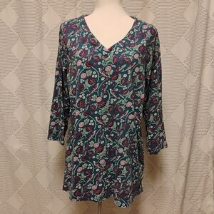 Style & Co Floral V-Neck Women’s Top Teal and Plum Women's Size XL 100% Cotton